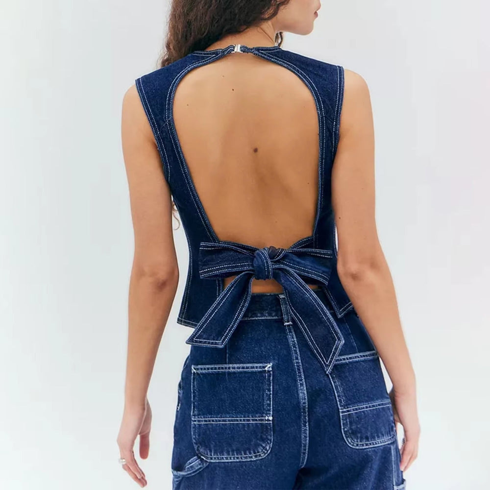 Chic Round Neck Sleeveless Countryside Going Out Denim Vest Tank Top Mssza