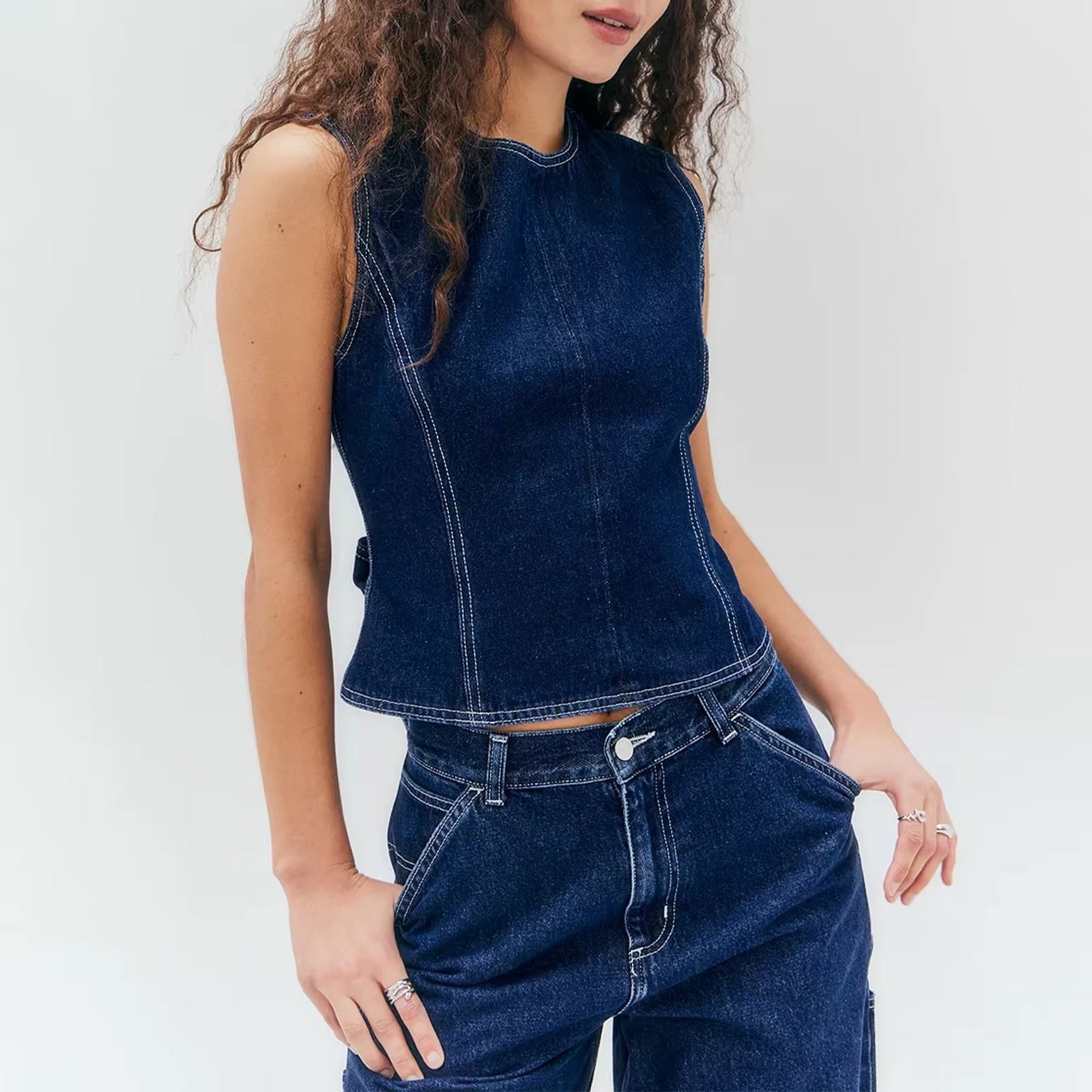 Chic Round Neck Sleeveless Countryside Going Out Denim Vest Tank Top Mssza