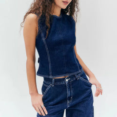 Chic Round Neck Sleeveless Countryside Going Out Denim Vest Tank Top Mssza