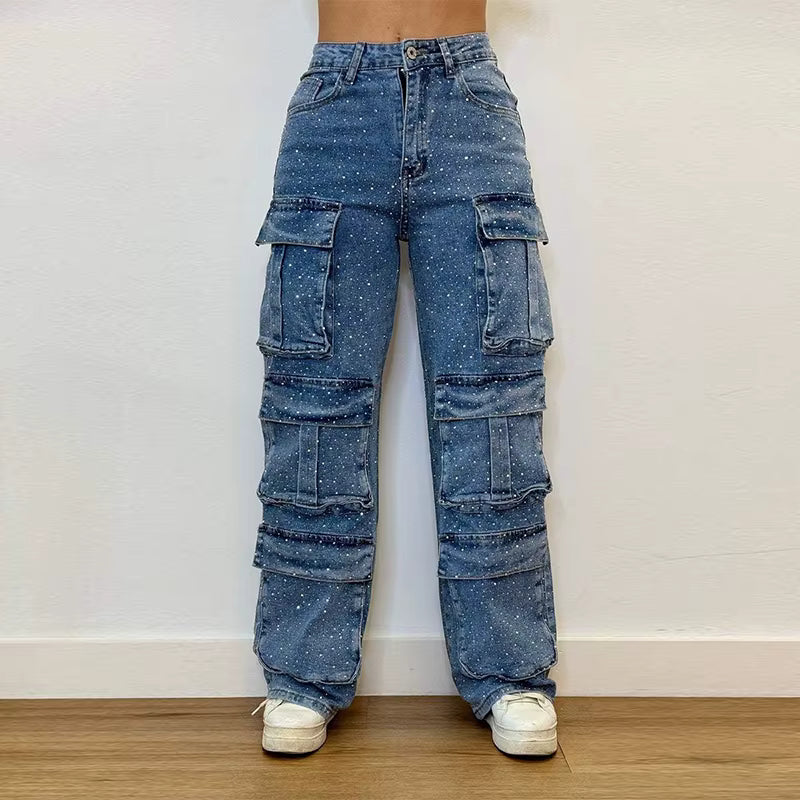 Chic Sequins Multiple Pockets High Waist Button Jean Streetwear Mssza