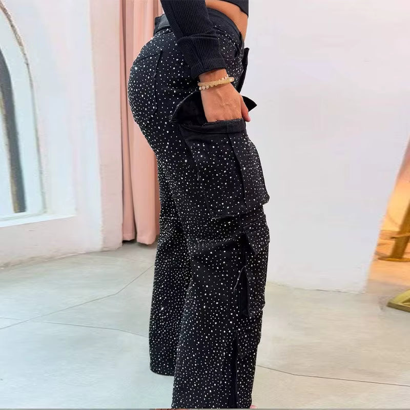Chic Sequins Multiple Pockets High Waist Button Jean Streetwear Mssza