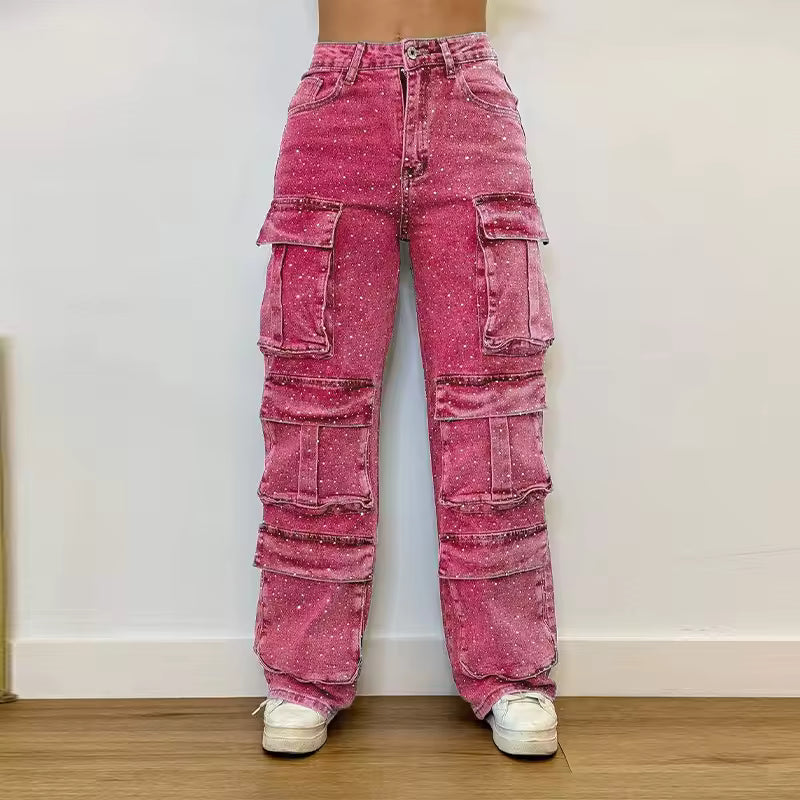 Chic Sequins Multiple Pockets High Waist Button Jean Streetwear Mssza