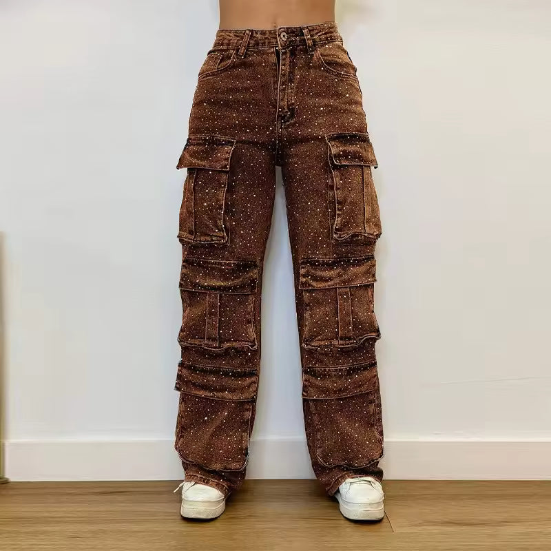 Chic Sequins Multiple Pockets High Waist Button Jean Streetwear Mssza