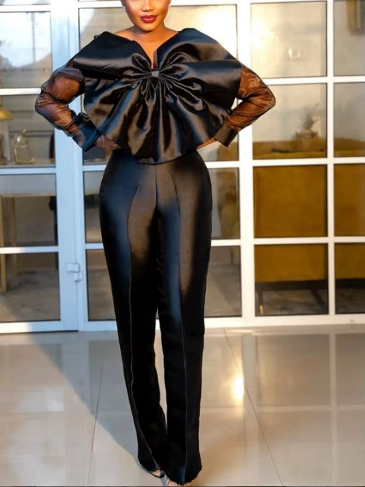 Chic Shiny Sheer Long Sleeve Big Bow Long Sleeve High Waist Trendy Jumpsuits Mssza