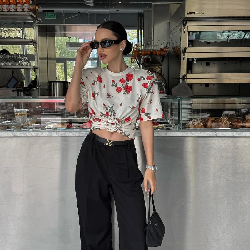 Chic Short-sleeved 3d Flowery Waist-leaked Round Neck Shoulder Loose T-shirt Mssza