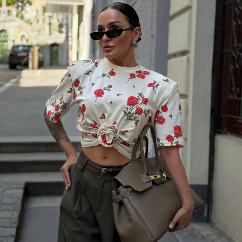 Chic Short-sleeved 3d Flowery Waist-leaked Round Neck Shoulder Loose T-shirt Mssza