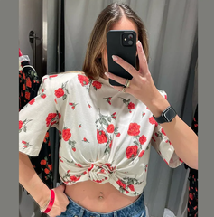 Chic Short-sleeved 3d Flowery Waist-leaked Round Neck Shoulder Loose T-shirt Mssza