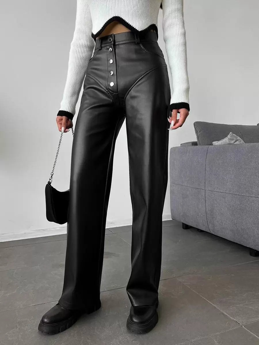 Chic Straight Buttons Fly PU Leather Street Wear Trousers Pants Mssza