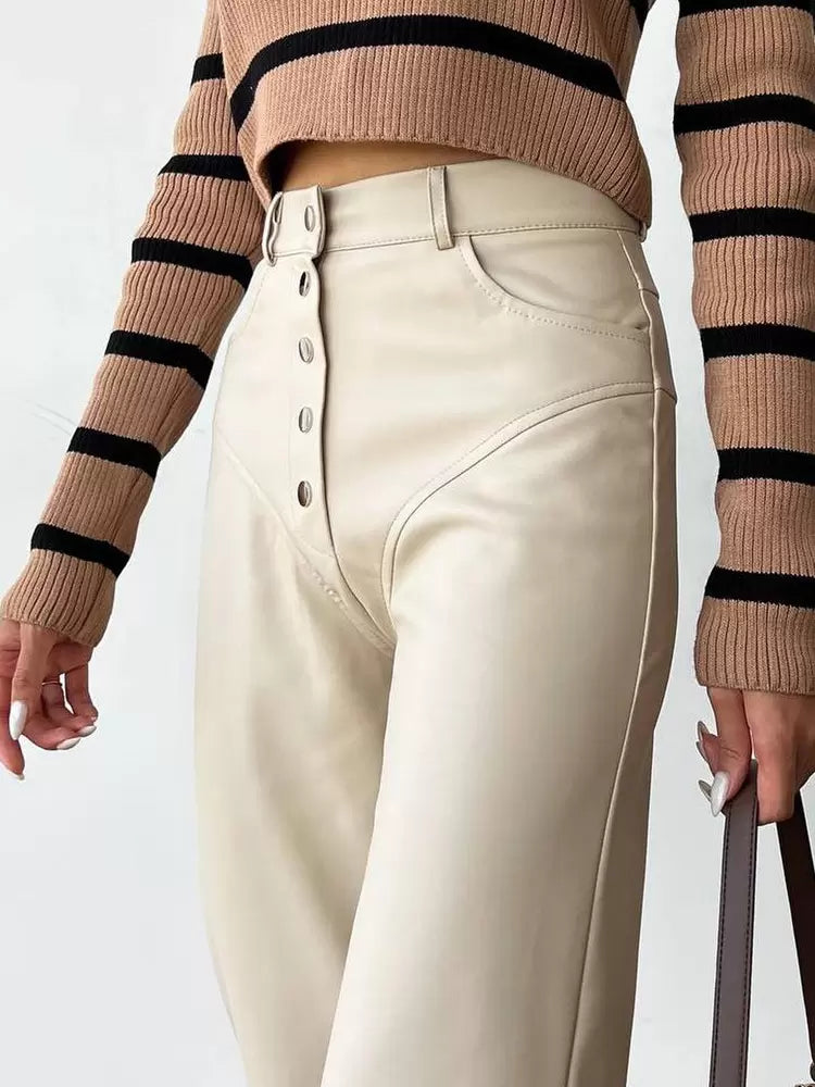 Chic Straight Buttons Fly PU Leather Street Wear Trousers Pants Mssza