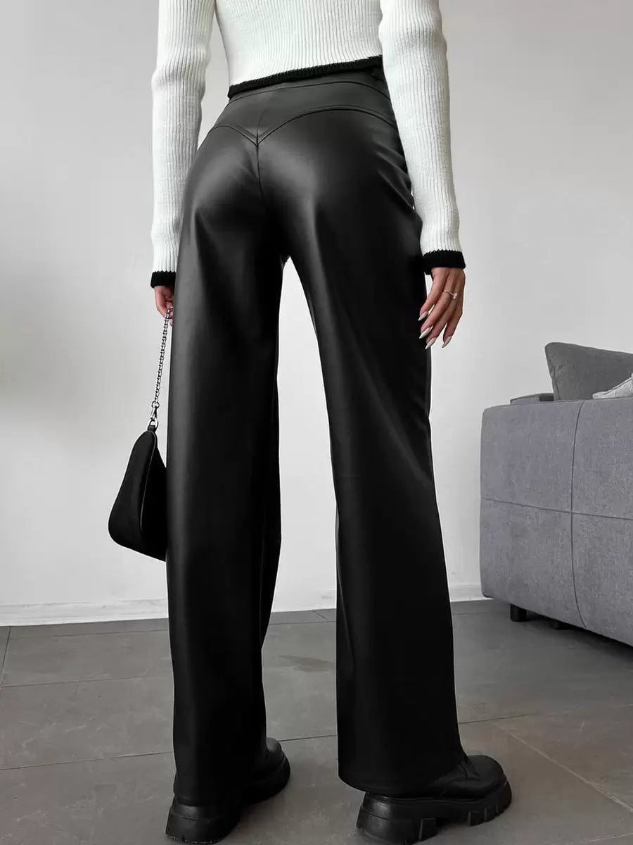 Chic Straight Buttons Fly PU Leather Street Wear Trousers Pants Mssza