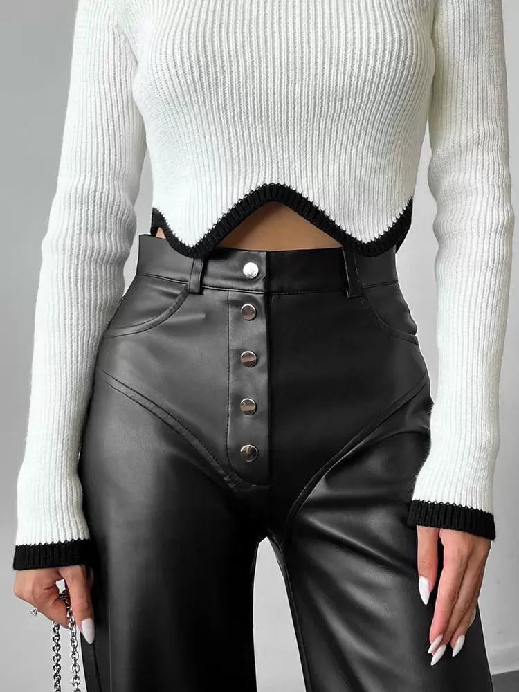 Chic Straight Buttons Fly PU Leather Street Wear Trousers Pants Mssza