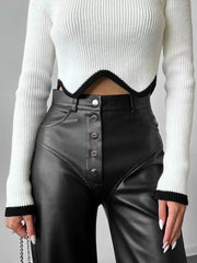 Chic Straight Buttons Fly PU Leather Street Wear Trousers Pants Mssza