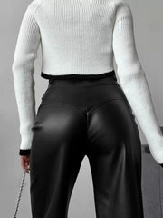 Chic Straight Buttons Fly PU Leather Street Wear Trousers Pants Mssza