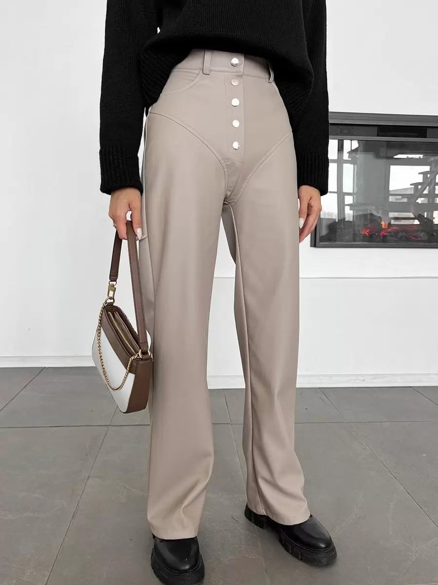 Chic Straight Buttons Fly PU Leather Street Wear Trousers Pants Mssza