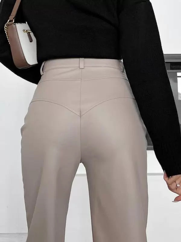 Chic Straight Buttons Fly PU Leather Street Wear Trousers Pants Mssza