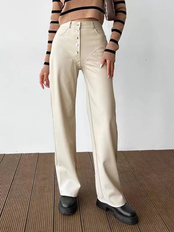 Chic Straight Buttons Fly PU Leather Street Wear Trousers Pants Mssza