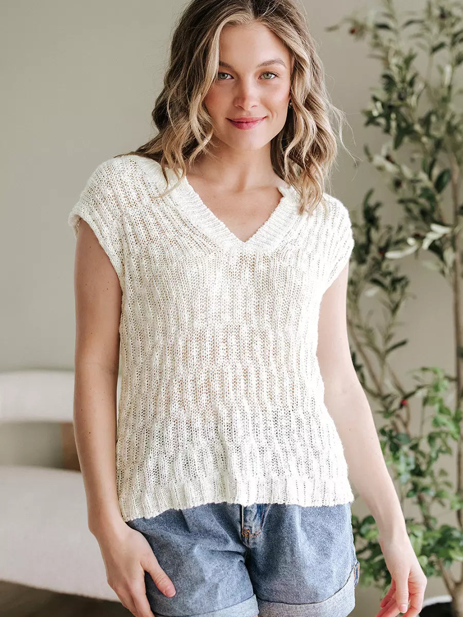 Chic Street Style Polyester Cap Sleeves V-Neck Knitted Top Mssza