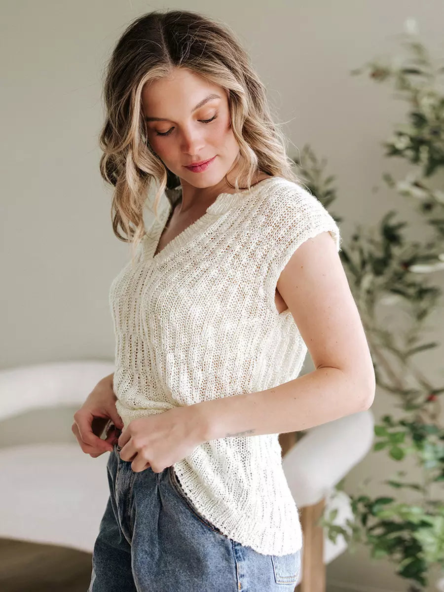 Chic Street Style Polyester Cap Sleeves V-Neck Knitted Top Mssza