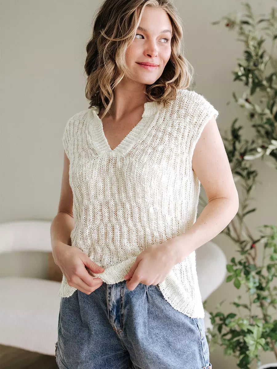 Chic Street Style Polyester Cap Sleeves V-Neck Knitted Top Mssza