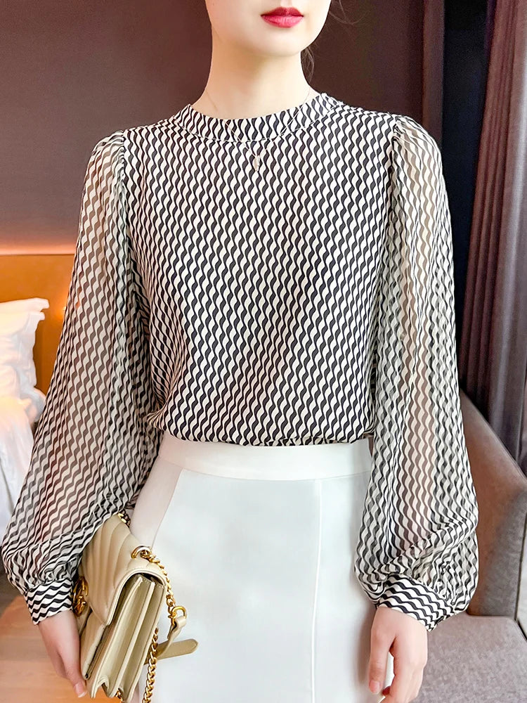 Chic Stylish Pullover Chiffon Slight Stretch Single-Piece Shirts Blouses Mssza