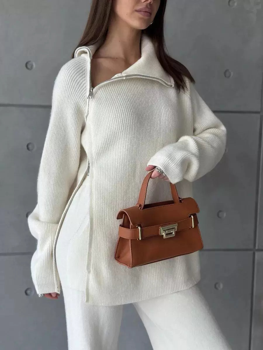 Chic Turndown Collar Long Sleeve Street Wear Chains Polyester Top Pant Set Mssza