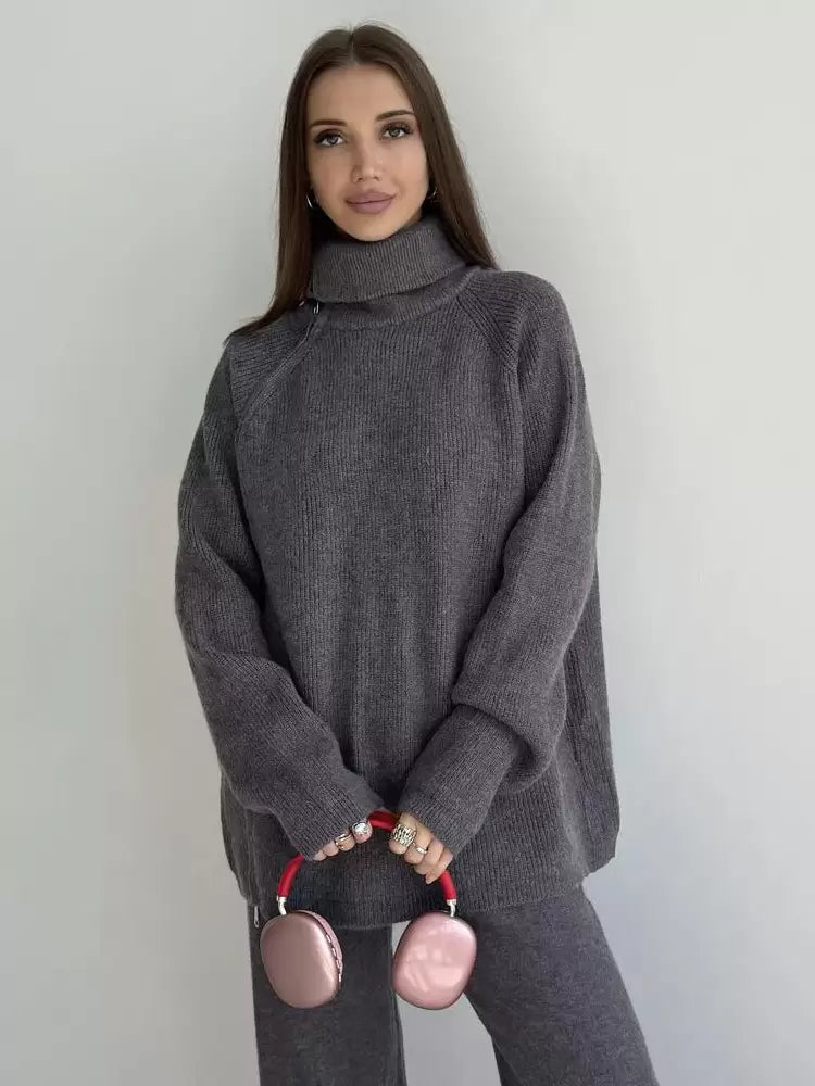 Chic Turndown Collar Long Sleeve Street Wear Chains Polyester Top Pant Set Mssza