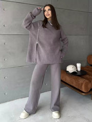Chic Turndown Collar Long Sleeve Street Wear Chains Polyester Top Pant Set Mssza
