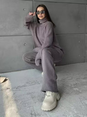Chic Turndown Collar Long Sleeve Street Wear Chains Polyester Top Pant Set Mssza