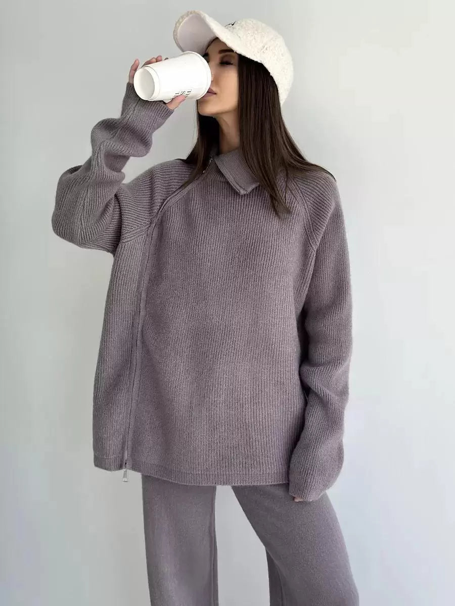 Chic Turndown Collar Long Sleeve Street Wear Chains Polyester Top Pant Set Mssza
