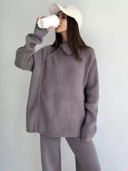 Chic Turndown Collar Long Sleeve Street Wear Chains Polyester Top Pant Set Mssza