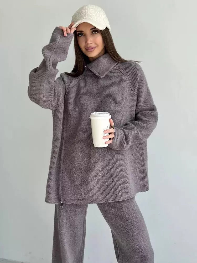 Chic Turndown Collar Long Sleeve Street Wear Chains Polyester Top Pant Set Mssza