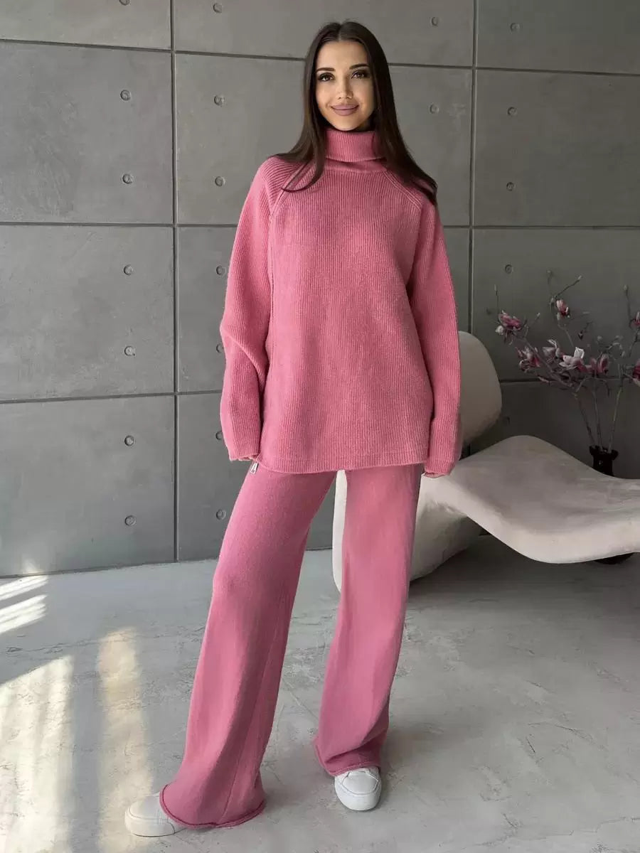 Chic Turndown Collar Long Sleeve Street Wear Chains Polyester Top Pant Set Mssza