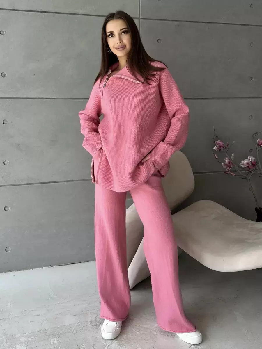 Chic Turndown Collar Long Sleeve Street Wear Chains Polyester Top Pant Set Mssza