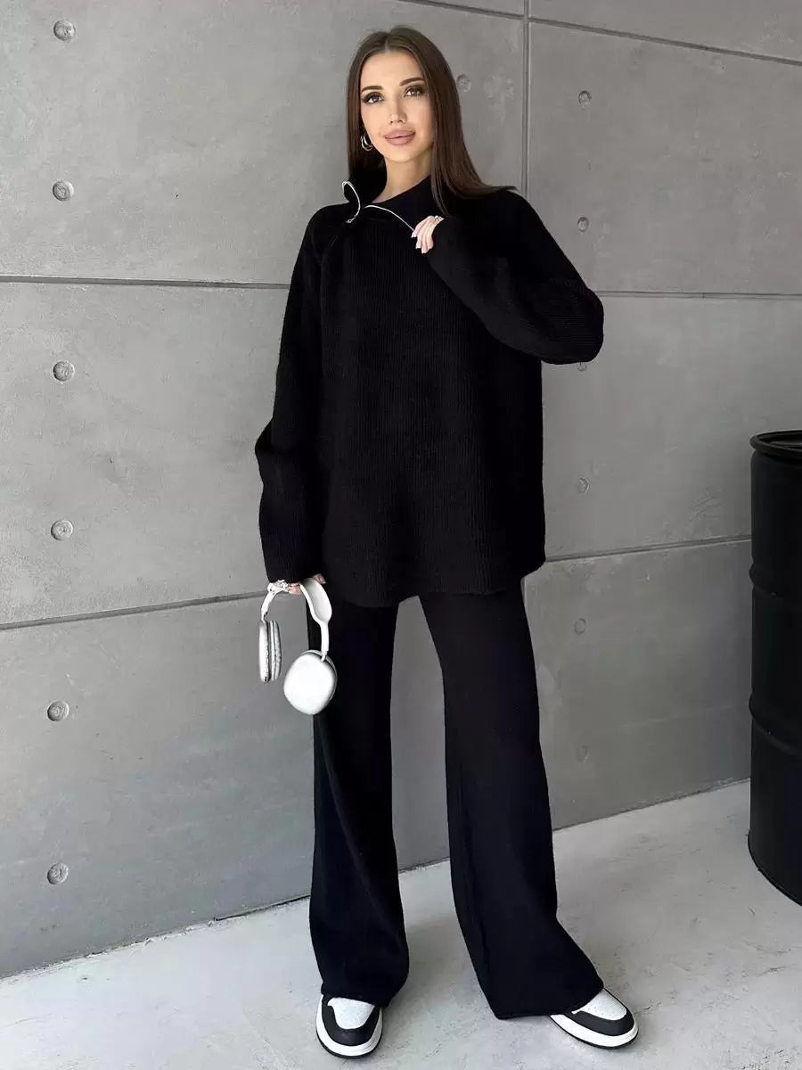 Chic Turndown Collar Long Sleeve Street Wear Chains Polyester Top Pant Set Mssza