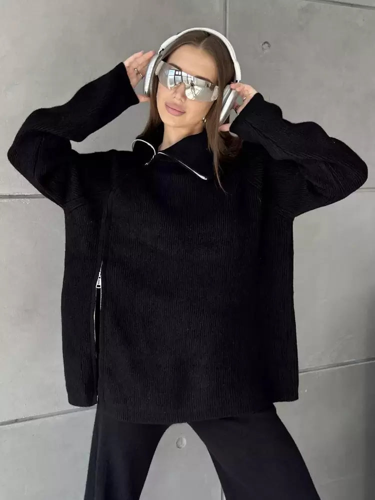Chic Turndown Collar Long Sleeve Street Wear Chains Polyester Top Pant Set Mssza