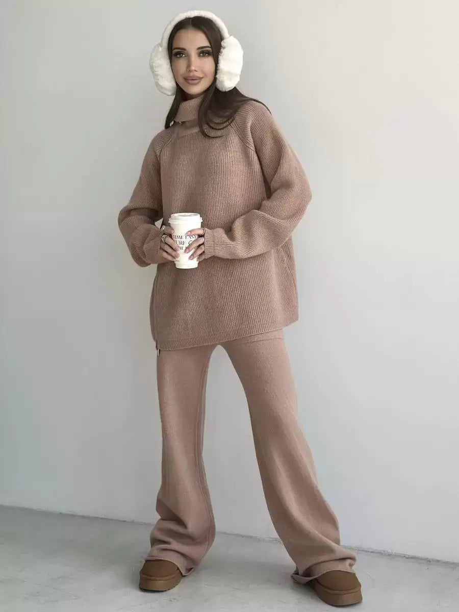 Chic Turndown Collar Long Sleeve Street Wear Chains Polyester Top Pant Set Mssza