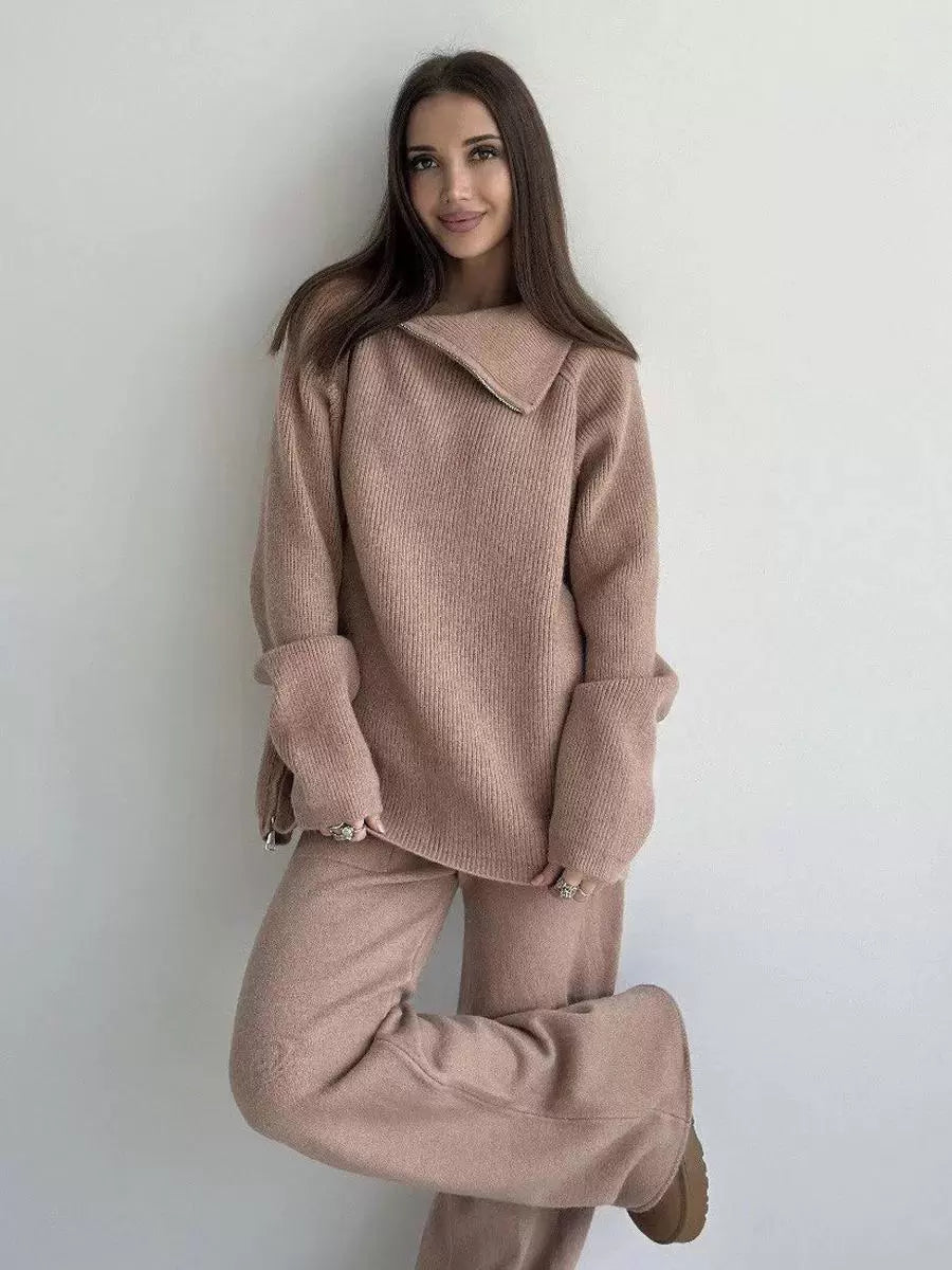 Chic Turndown Collar Long Sleeve Street Wear Chains Polyester Top Pant Set Mssza