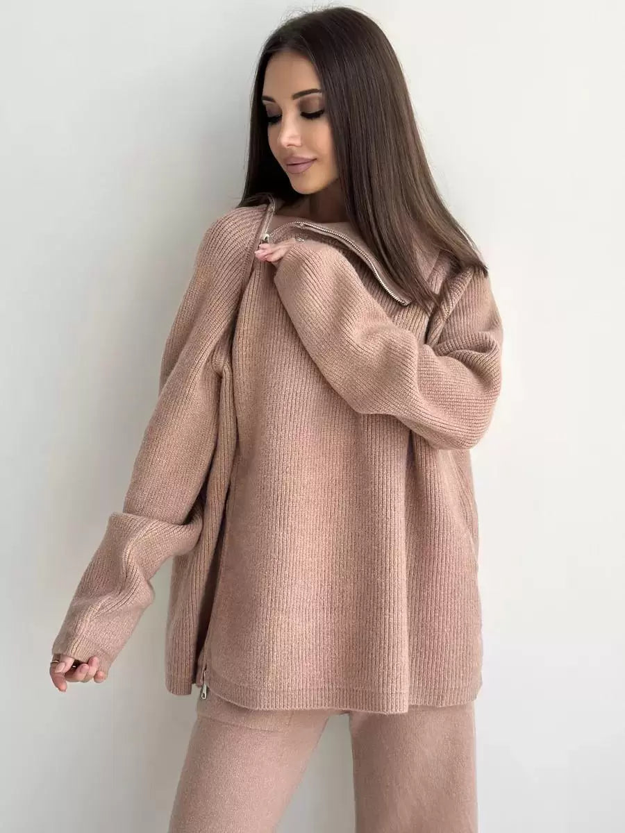 Chic Turndown Collar Long Sleeve Street Wear Chains Polyester Top Pant Set Mssza