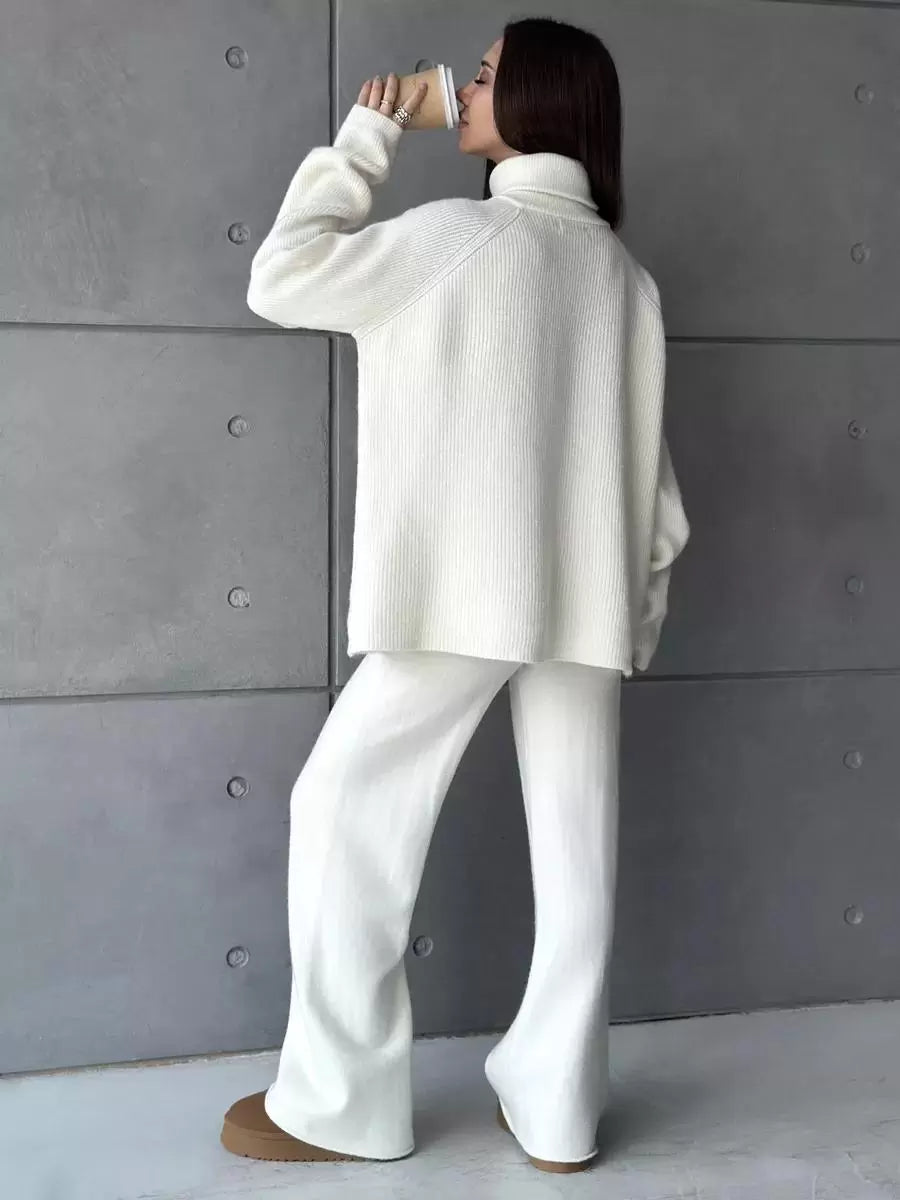 Chic Turndown Collar Long Sleeve Street Wear Chains Polyester Top Pant Set Mssza