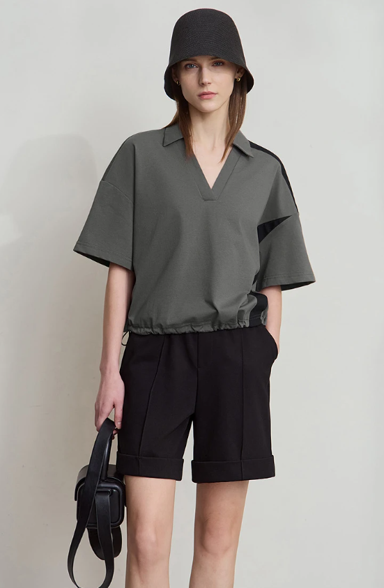 V-Neck Pullover Loose Short Shoulder Sleeve Minimalist Cotton T-Shirts Mssza