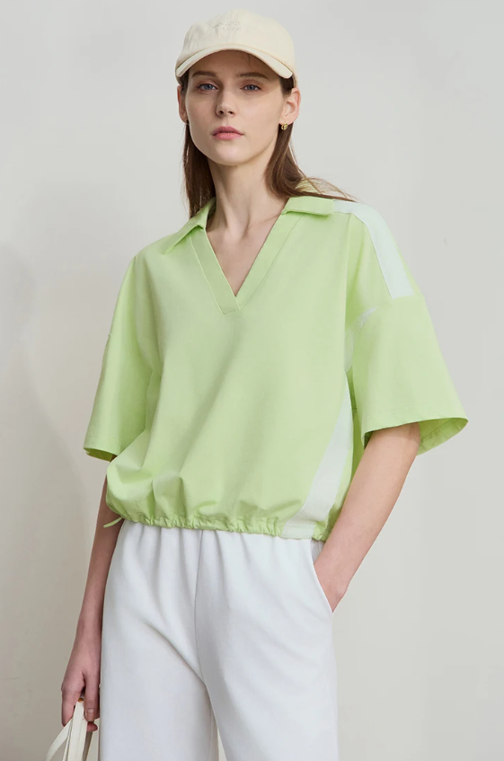V-Neck Pullover Loose Short Shoulder Sleeve Minimalist Cotton T-Shirts Mssza
