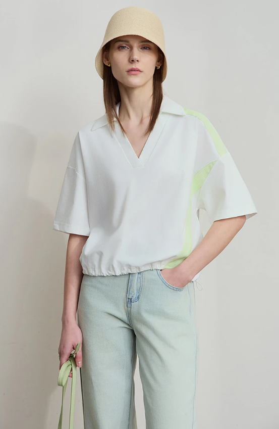 V-Neck Pullover Loose Short Shoulder Sleeve Minimalist Cotton T-Shirts Mssza