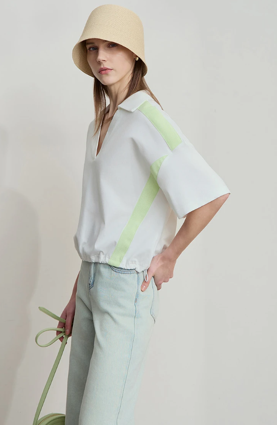 V-Neck Pullover Loose Short Shoulder Sleeve Minimalist Cotton T-Shirts Mssza