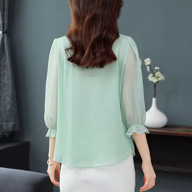 Chiffon Blouse Petal Collar Half Sleeve Bow tie Loose Casual Shirt Mssza