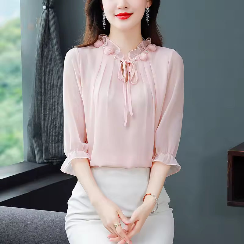 Chiffon Blouse Petal Collar Half Sleeve Bow tie Loose Casual Shirt Mssza