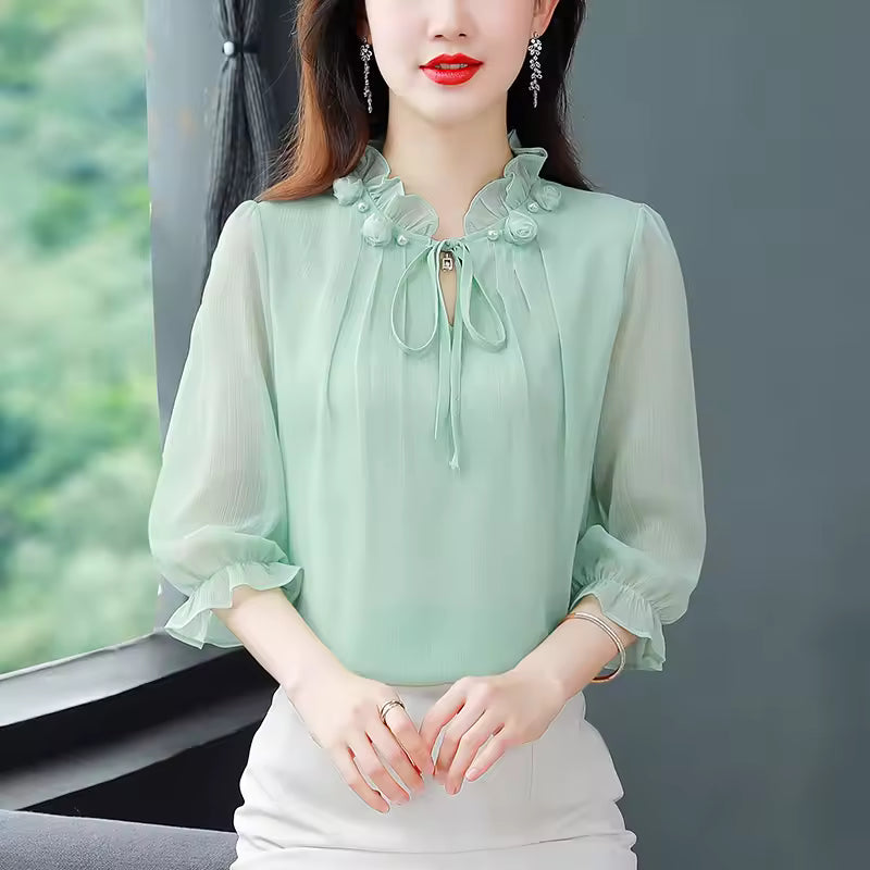 Chiffon Blouse Petal Collar Half Sleeve Bow tie Loose Casual Shirt Mssza