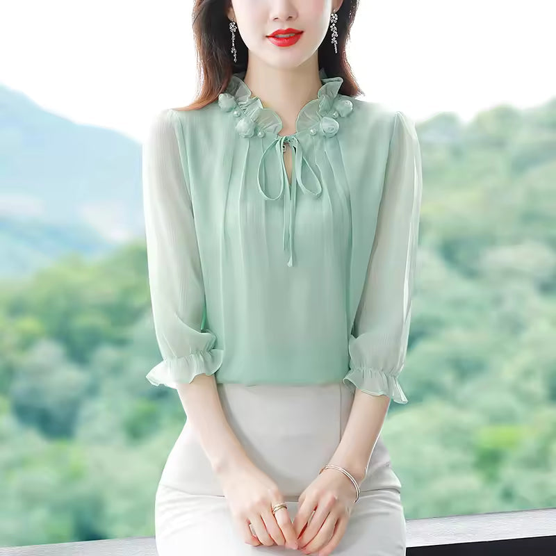 Chiffon Blouse Petal Collar Half Sleeve Bow tie Loose Casual Shirt Mssza