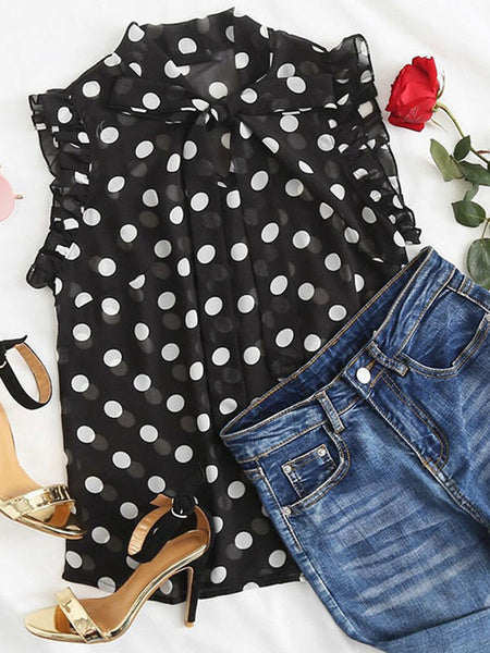 Chiffon Blouse Polka Dot Pussy Bows Sleeveless Tops Mssza