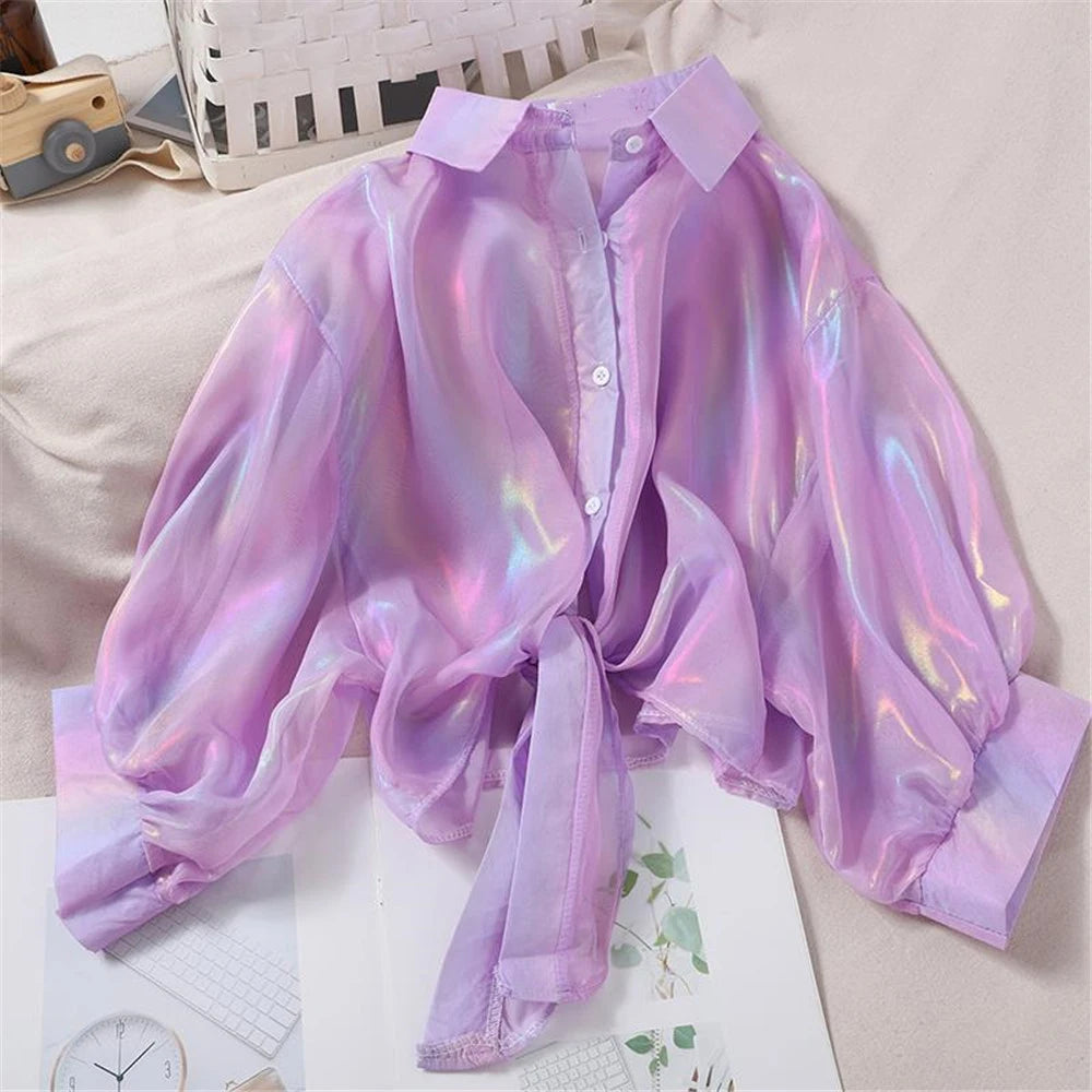 Chiffon Long Sleeve Elegant Bright Casual Transparent Button Up Shirts Mssza