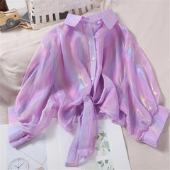 Chiffon Long Sleeve Elegant Bright Casual Transparent Button Up Shirts Mssza
